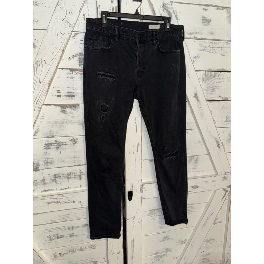All Saints Rex Jean Mens 32 Slim Fit Tapered Black Stretch Distressed Button-Fly
